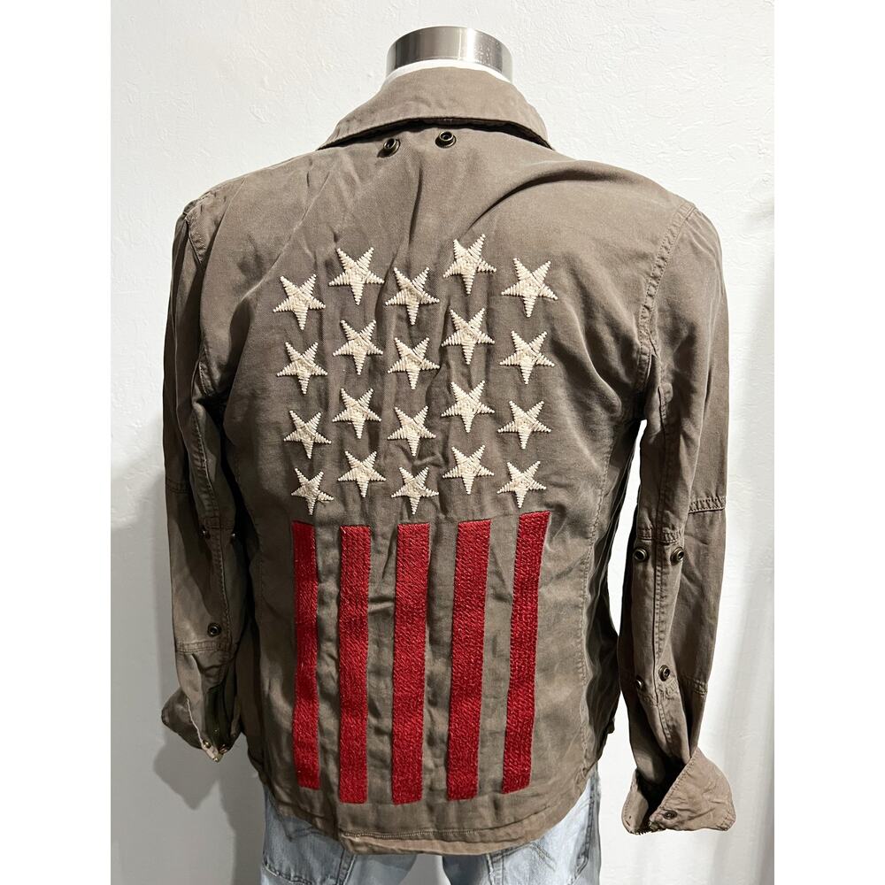 Pam & Gela Jacket Small Flag Fourth Embroidered Green Army Patriotic Tencel - Picture 9 of 9